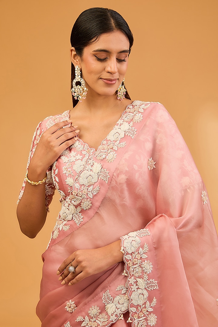 Pink Satin Organza Pearl Work Reception Saree Set by SURBHI SHAH at Pernia's Pop Up Shop