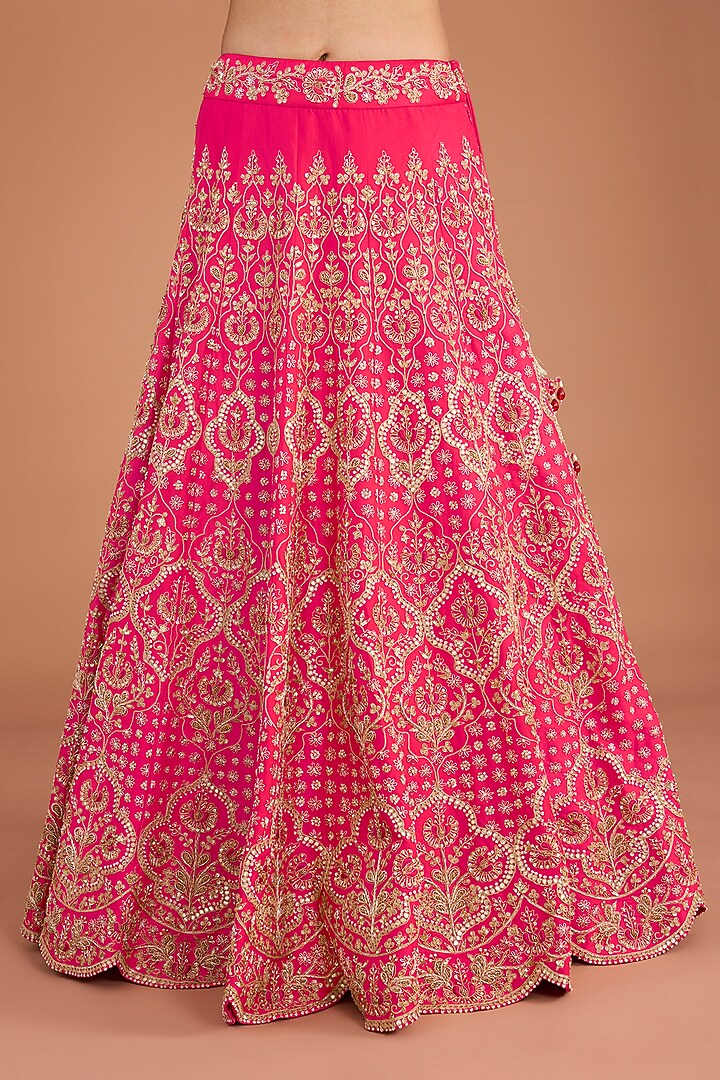 Red Silk Zardosi & Resham Embroidered Bridal Lehenga Set by SURBHI SHAH at Pernia's Pop Up Shop