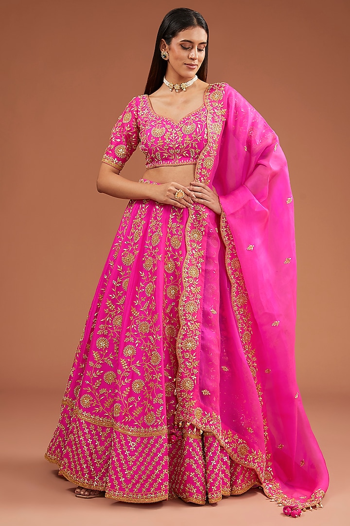 Hot Pink Silk Zardosi Embroidered Bridal Lehenga Set by SURBHI SHAH at Pernia's Pop Up Shop