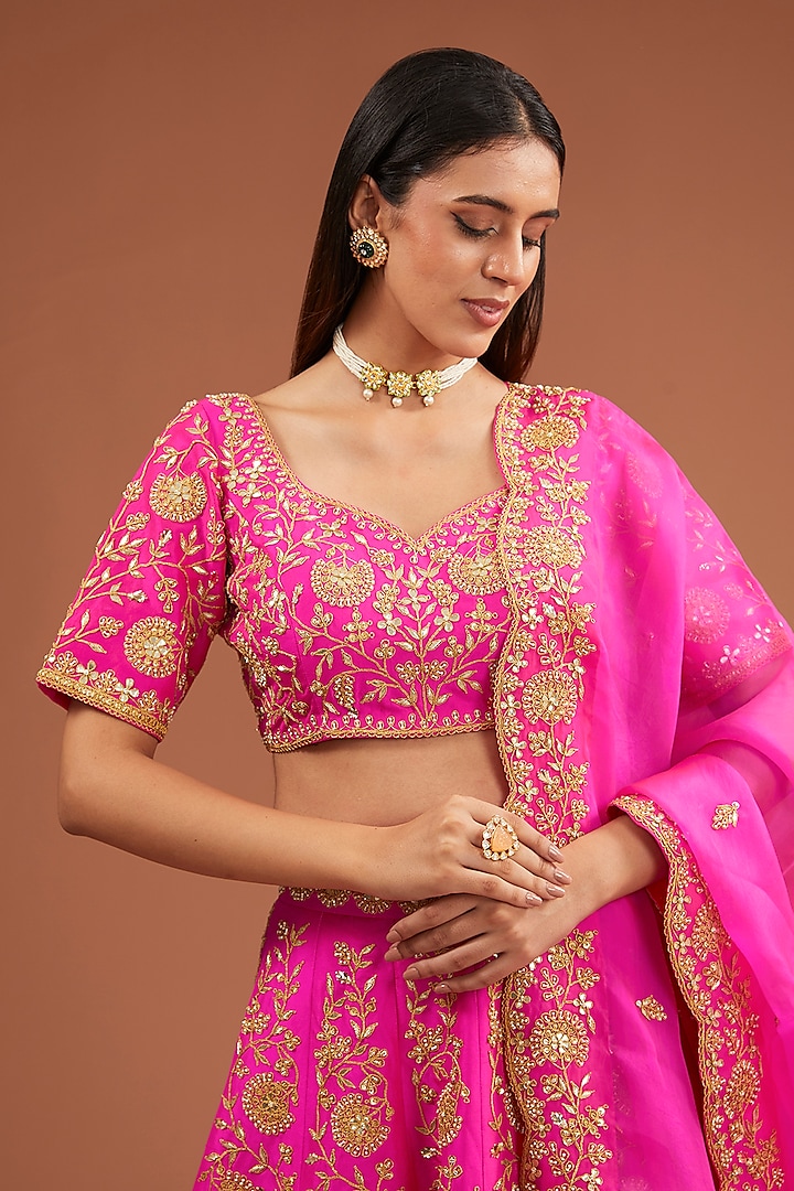 Hot Pink Silk Zardosi Embroidered Bridal Lehenga Set by SURBHI SHAH at Pernia's Pop Up Shop
