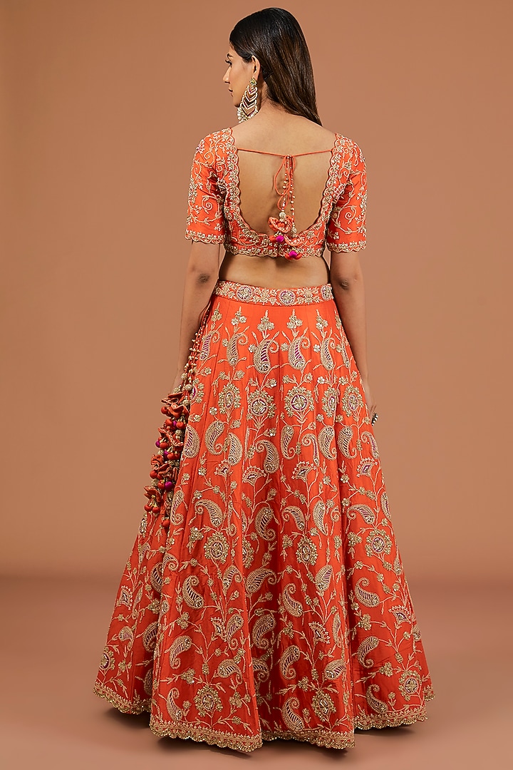 Burnt Orange Silk Marori & Zardosi Work Bridal Lehenga Set by SURBHI SHAH at Pernia's Pop Up Shop