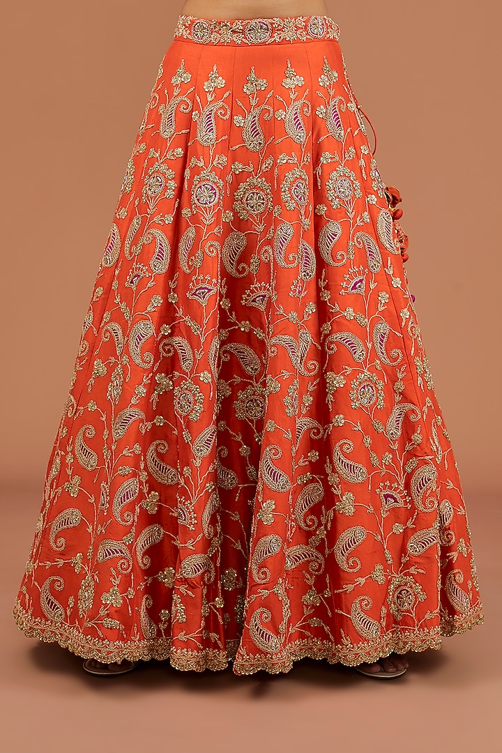 Burnt Orange Silk Marori & Zardosi Work Bridal Lehenga Set by SURBHI SHAH at Pernia's Pop Up Shop