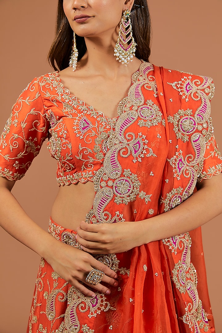Burnt Orange Silk Marori & Zardosi Work Bridal Lehenga Set by SURBHI SHAH at Pernia's Pop Up Shop