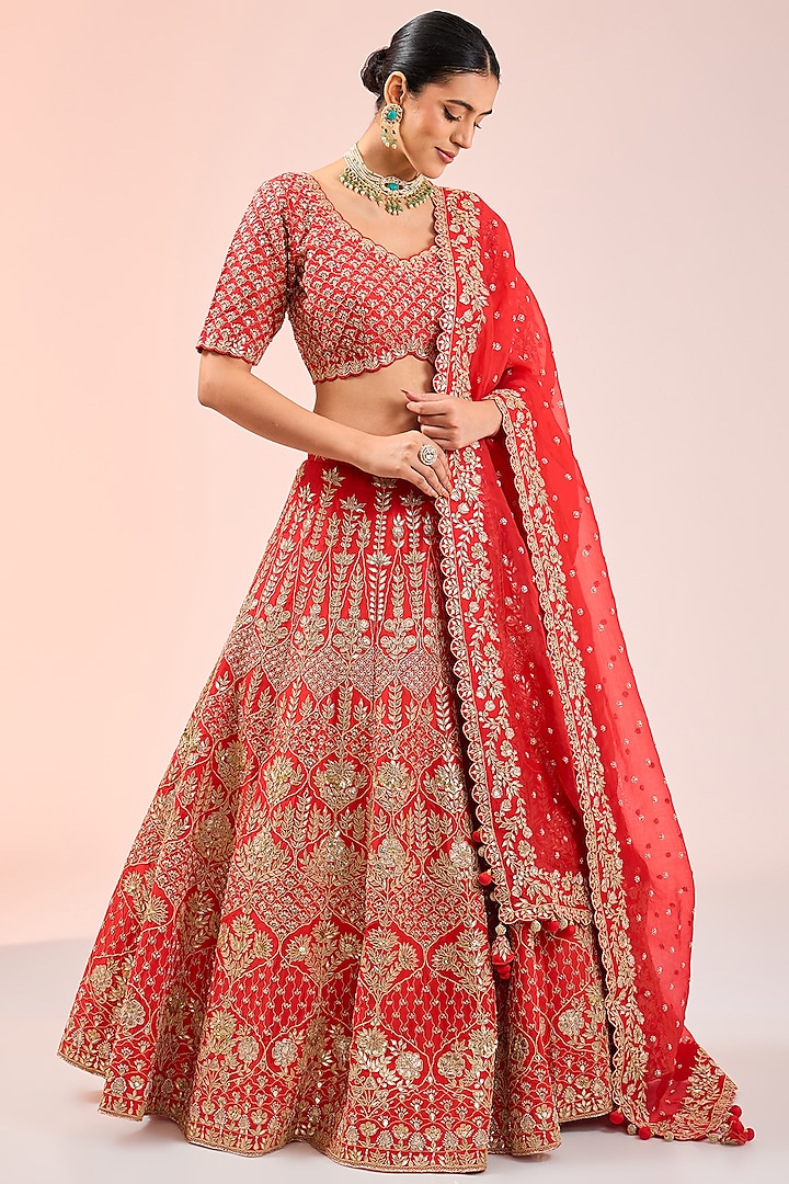 Burnt Orange Pure Silk Gota Work Bridal Lehenga Set by SURBHI SHAH at Pernia's Pop Up Shop