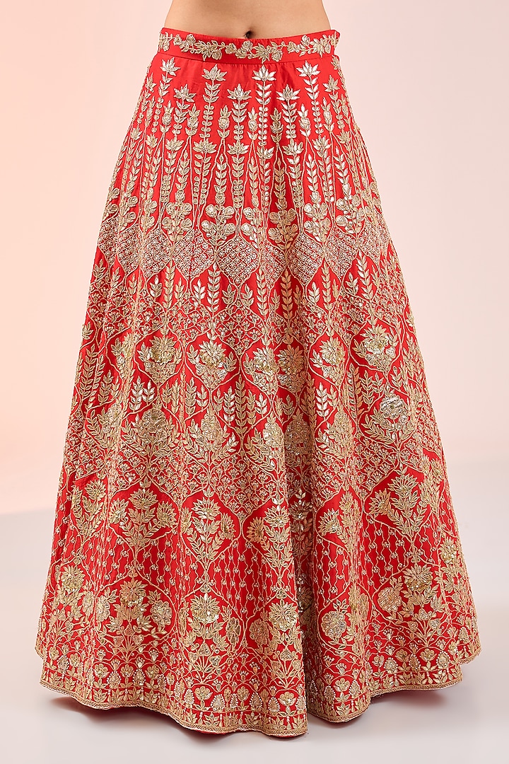 Burnt Orange Pure Silk Gota Work Bridal Lehenga Set by SURBHI SHAH at Pernia's Pop Up Shop