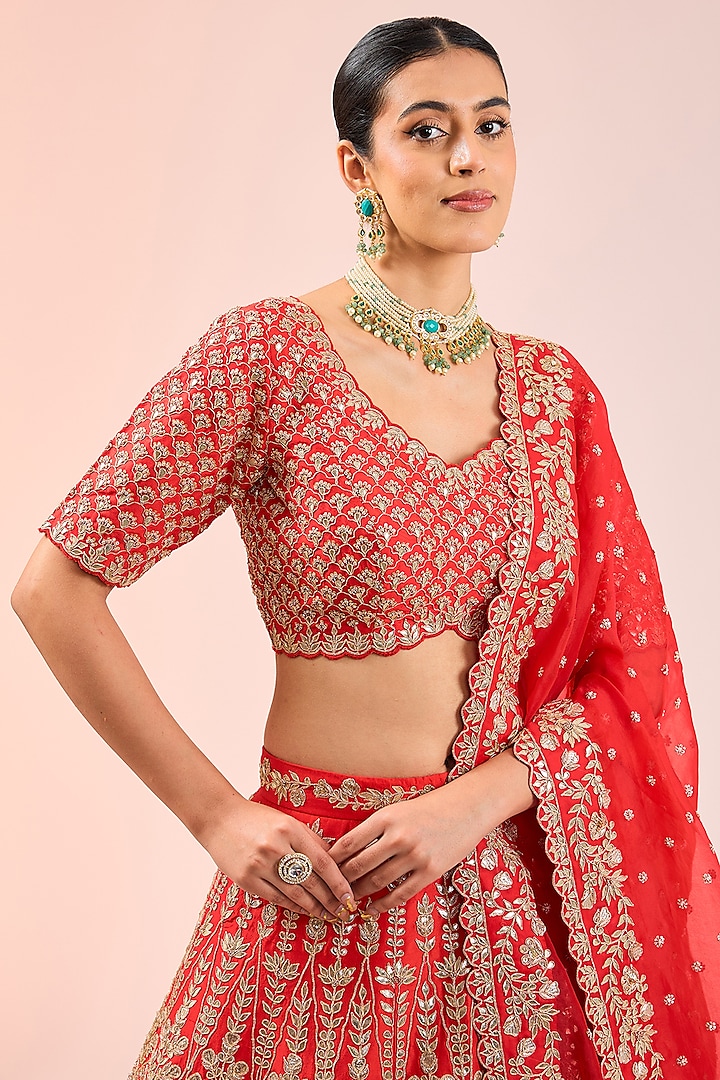 Burnt Orange Pure Silk Gota Work Bridal Lehenga Set by SURBHI SHAH at Pernia's Pop Up Shop