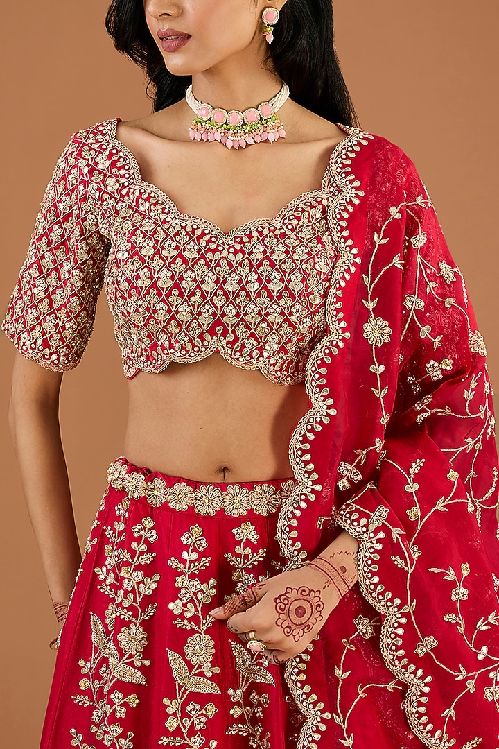 Red Silk Cutdana & Sequin Work Bridal Lehenga Set by SURBHI SHAH at Pernia's Pop Up Shop