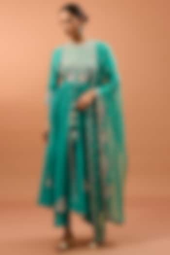 Blue Banarasi Chanderi Zardosi Work Wedding Anarkali Set by SURBHI SHAH at Pernia's Pop Up Shop