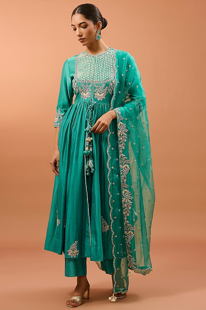 Blue Banarasi Chanderi Zardosi Work Wedding Anarkali Set by SURBHI SHAH at Pernia's Pop Up Shop