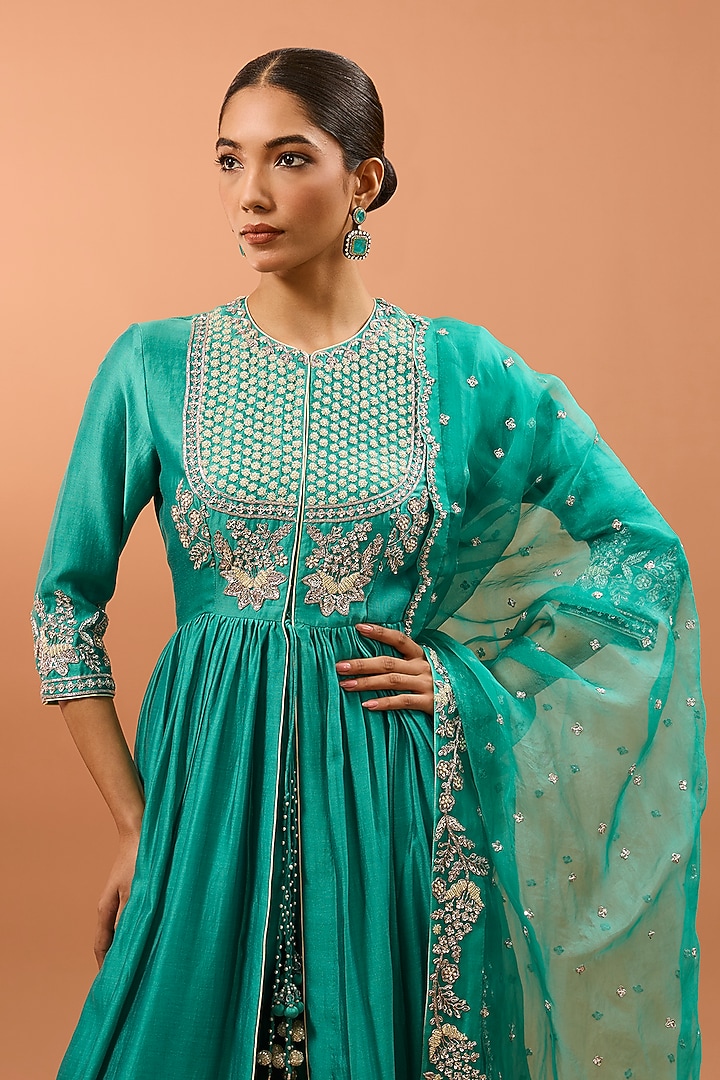 Blue Banarasi Chanderi Zardosi Work Wedding Anarkali Set by SURBHI SHAH at Pernia's Pop Up Shop