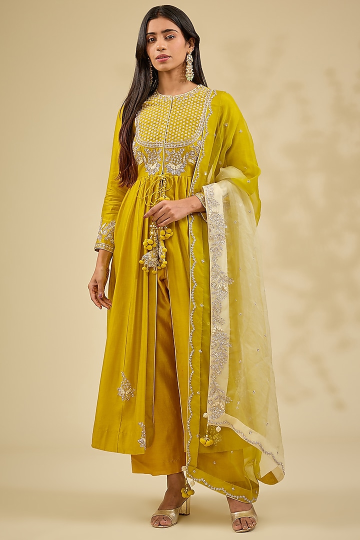 Lime Pure Banarasi Chanderi Anarkali Set by Surbhi Shah at Pernia's Pop Up Shop