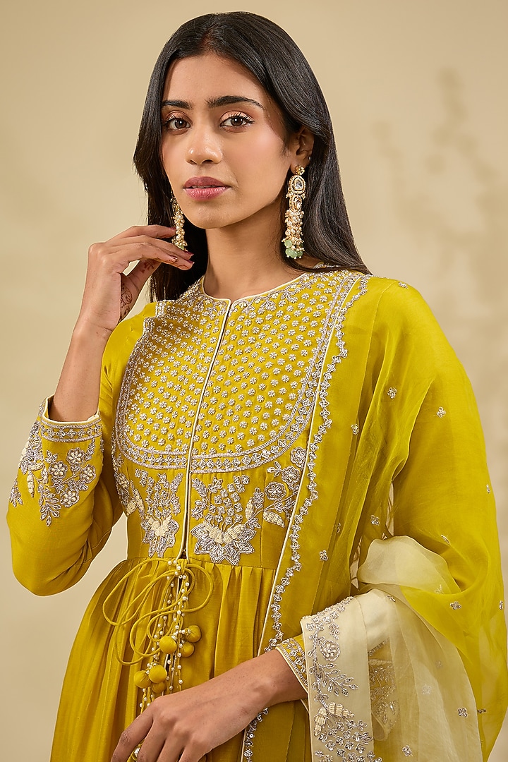 Lime Pure Banarasi Chanderi Wedding Anarkali Set by Surbhi Shah at Pernia's Pop Up Shop