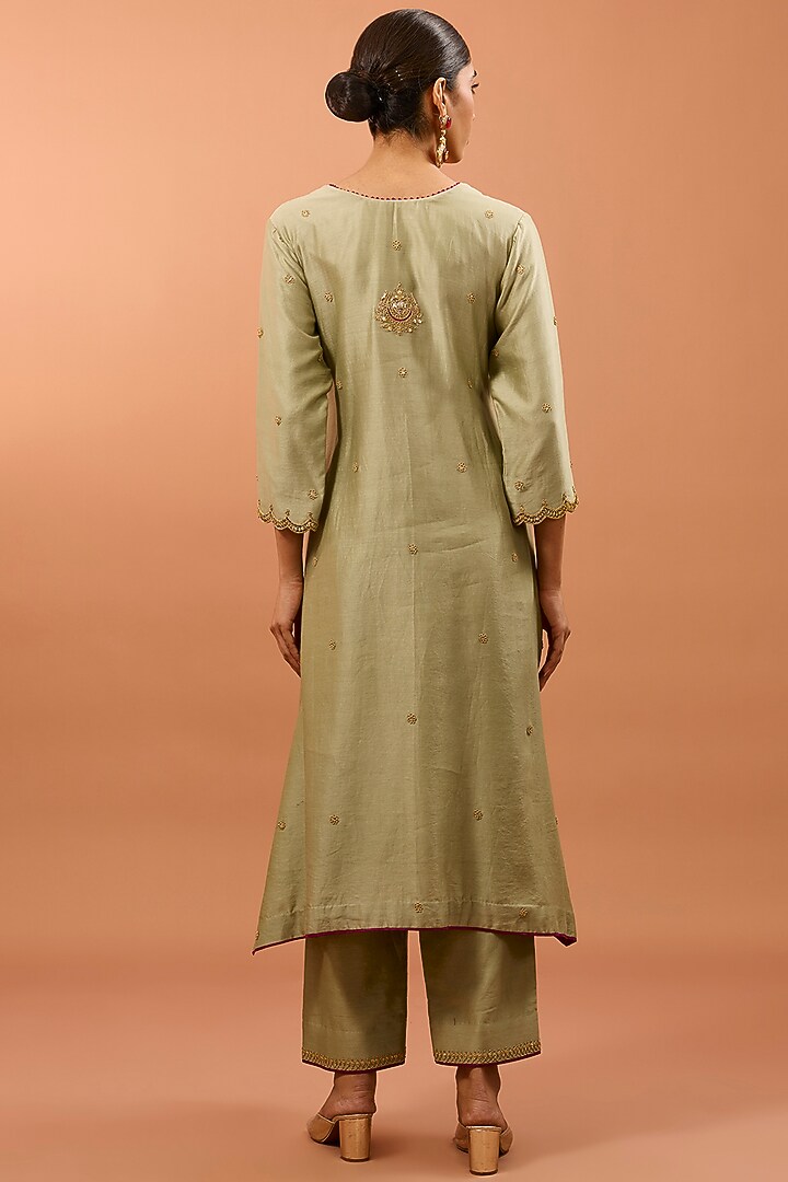 Pista Green Banarasi Chanderi Patch Work Kurta Set by SURBHI SHAH at Pernia's Pop Up Shop