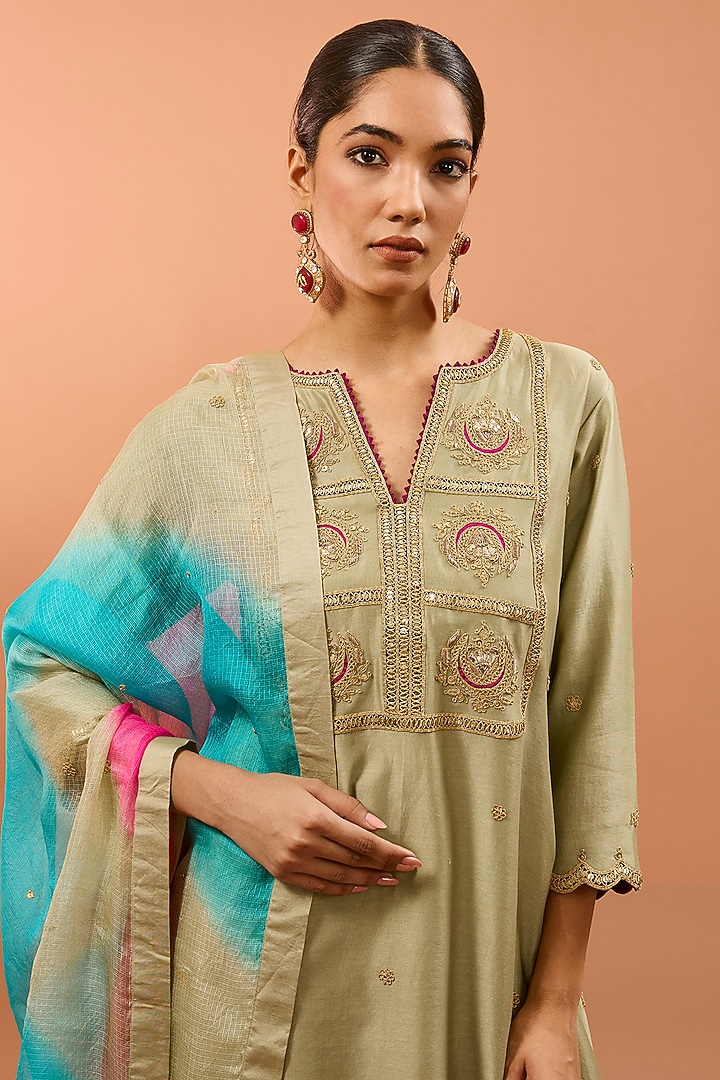 Pista Green Banarasi Chanderi Patch Work Kurta Set by SURBHI SHAH at Pernia's Pop Up Shop