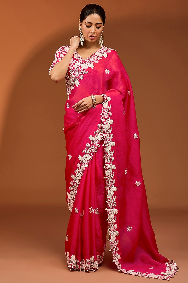 Red Satin Organza Pearl Work Reception Saree Set by SURBHI SHAH at Pernia's Pop Up Shop