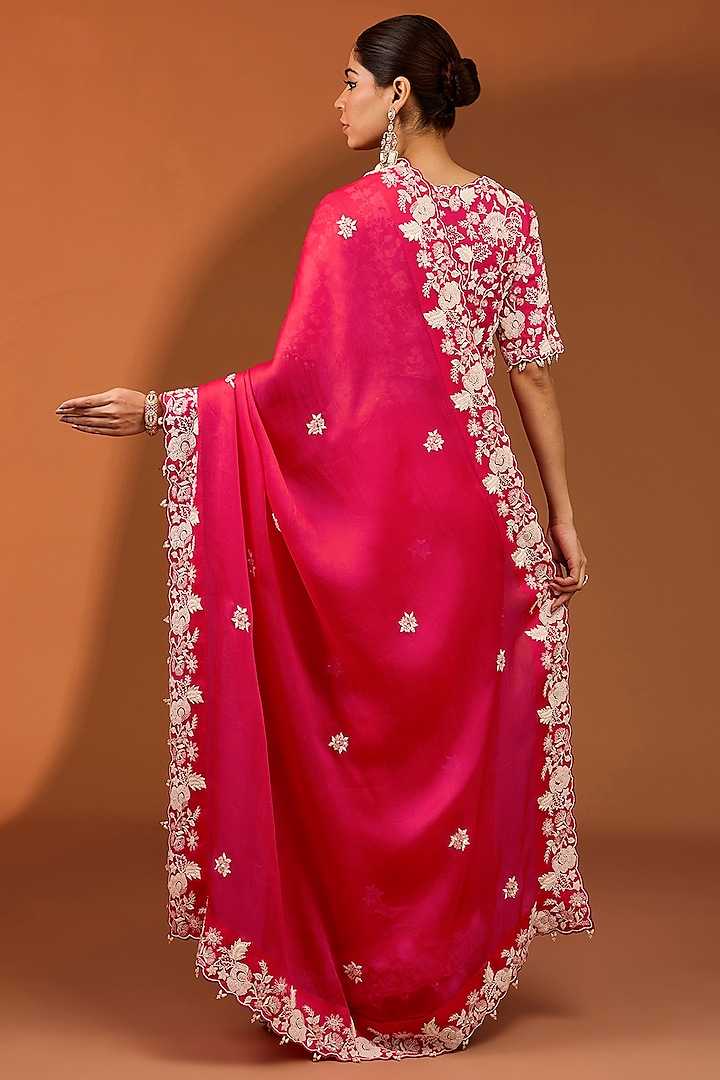 Red Satin Organza Pearl Work Reception Saree Set by SURBHI SHAH at Pernia's Pop Up Shop