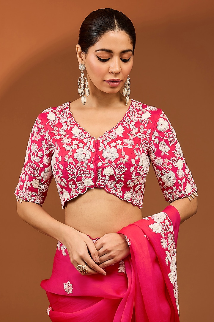 Red Satin Organza Pearl Work Reception Saree Set by SURBHI SHAH at Pernia's Pop Up Shop