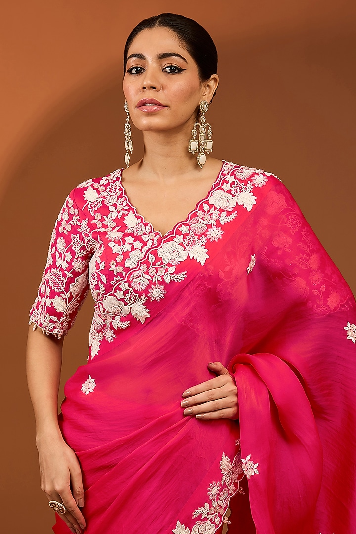 Red Satin Organza Pearl Work Reception Saree Set by SURBHI SHAH at Pernia's Pop Up Shop