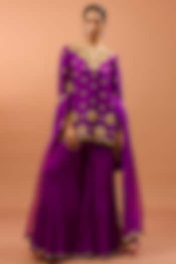 Magenta Banarasi Chanderi Crushed Wedding Sharara Set by SURBHI SHAH at Pernia's Pop Up Shop