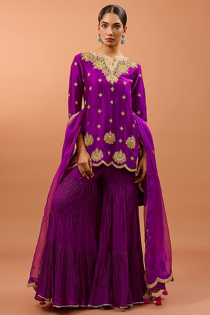 Magenta Banarasi Chanderi Crushed Wedding Sharara Set by SURBHI SHAH at Pernia's Pop Up Shop