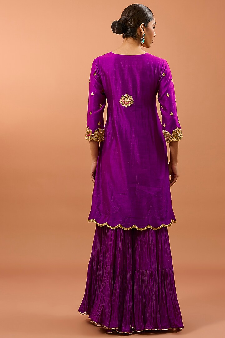 Magenta Banarasi Chanderi Crushed Wedding Sharara Set by SURBHI SHAH at Pernia's Pop Up Shop