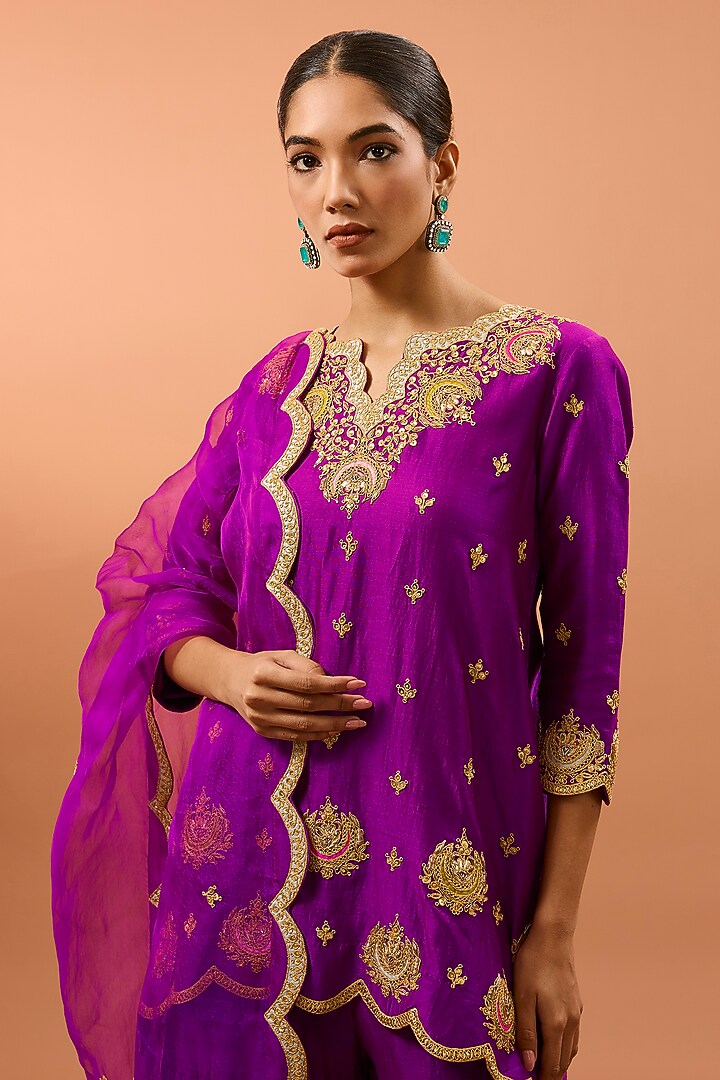 Magenta Banarasi Chanderi Crushed Wedding Sharara Set by SURBHI SHAH at Pernia's Pop Up Shop