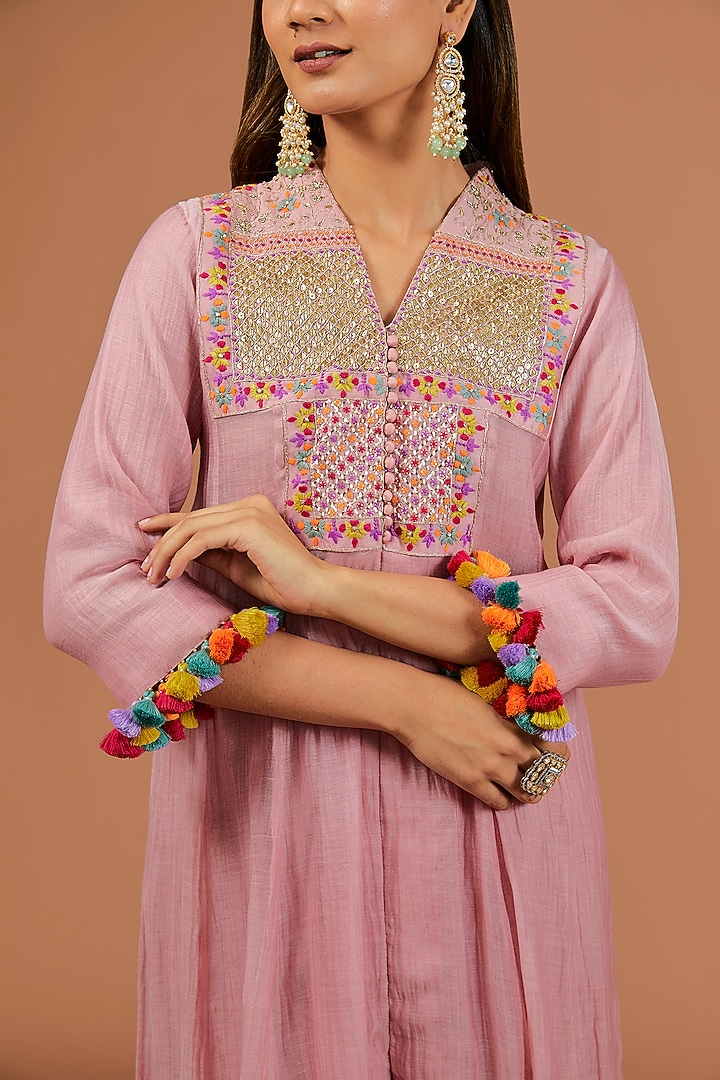 Powder Pink Chanderi Marori Work Party Wear Anarkali Set by SURBHI SHAH at Pernia's Pop Up Shop