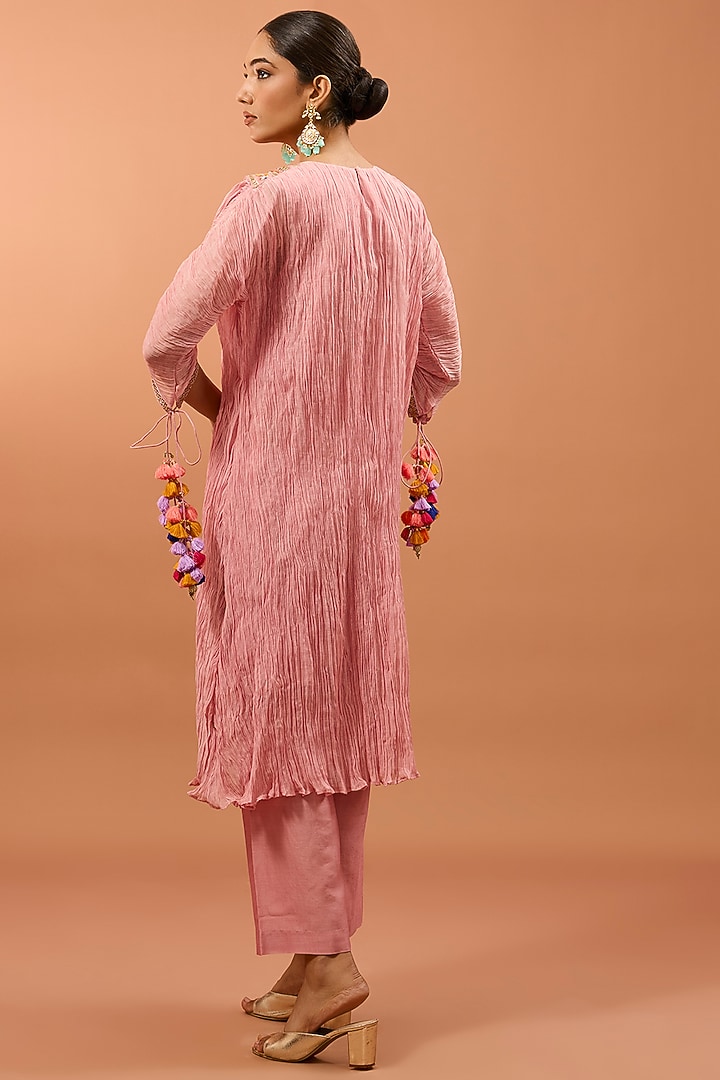 Powder Pink Chanderi Marori Work Crushed Kurta Set by SURBHI SHAH at Pernia's Pop Up Shop