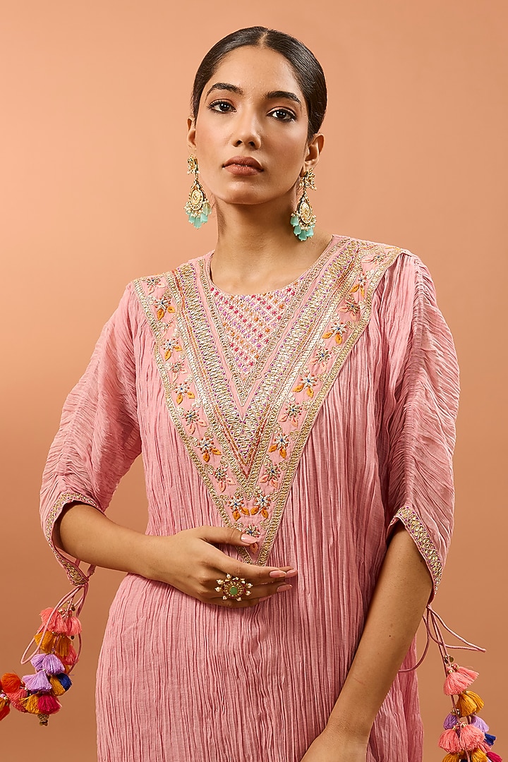 Powder Pink Chanderi Marori Work Crushed Kurta Set by SURBHI SHAH at Pernia's Pop Up Shop