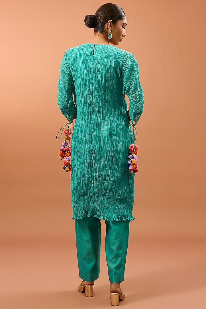 Sea Blue Chanderi Marori Work Crushed Kurta Set by SURBHI SHAH at Pernia's Pop Up Shop