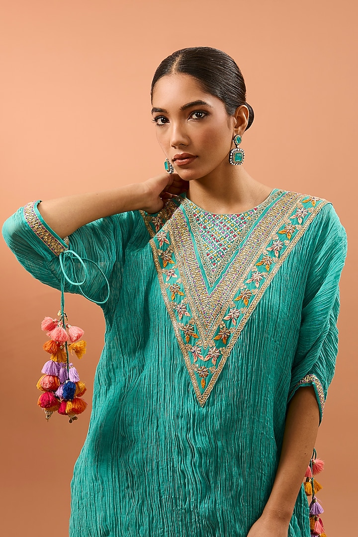 Sea Blue Chanderi Marori Work Crushed Kurta Set by SURBHI SHAH at Pernia's Pop Up Shop