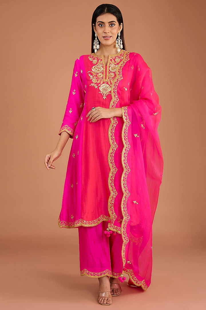 Hot Pink & Red Pure Spun Silk Cutdana Embroidered Kurta Set by SURBHI SHAH at Pernia's Pop Up Shop