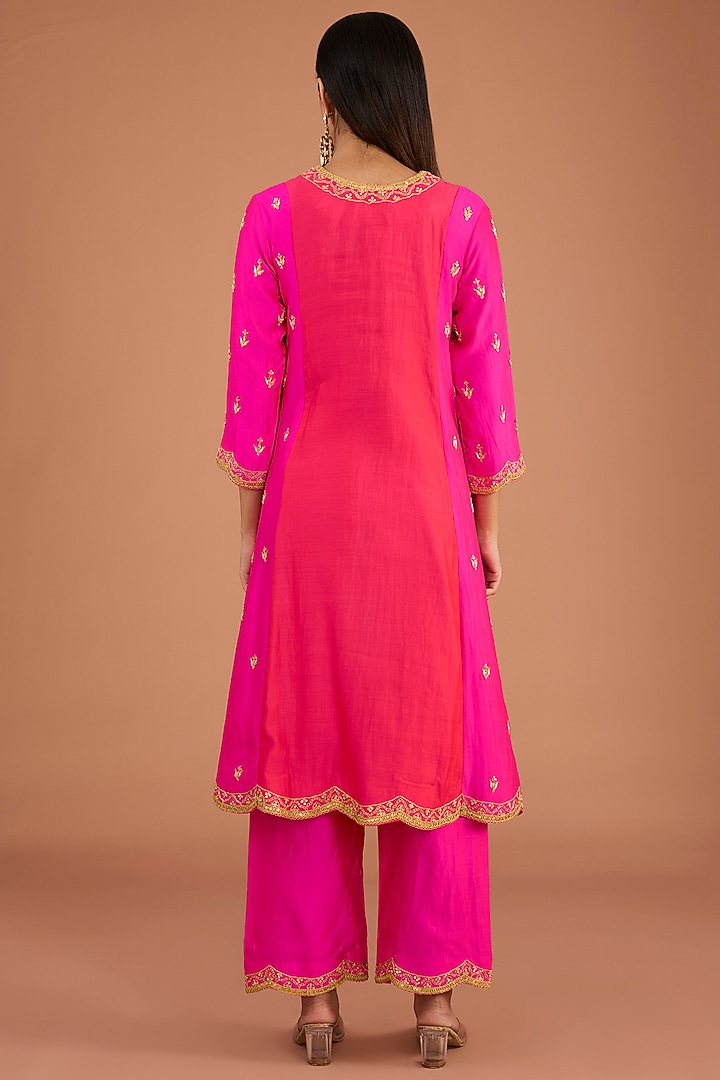 Hot Pink & Red Pure Spun Silk Cutdana Embroidered Kurta Set by SURBHI SHAH at Pernia's Pop Up Shop