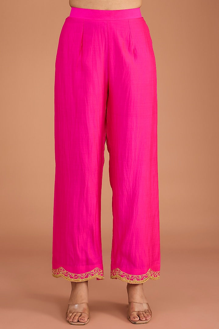 Hot Pink & Red Pure Spun Silk Cutdana Embroidered Kurta Set by SURBHI SHAH at Pernia's Pop Up Shop