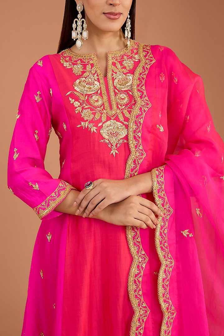 Hot Pink & Red Pure Spun Silk Cutdana Embroidered Kurta Set by SURBHI SHAH at Pernia's Pop Up Shop