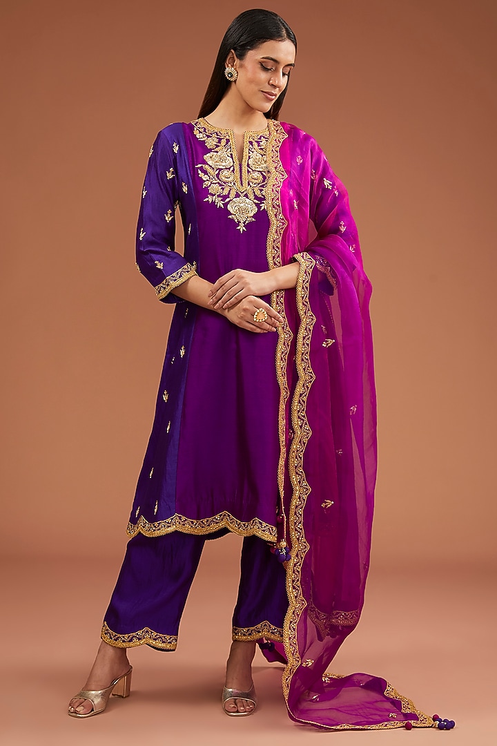 Purple Spun Silk Mukaish Work Kurta Set by SURBHI SHAH at Pernia's Pop Up Shop