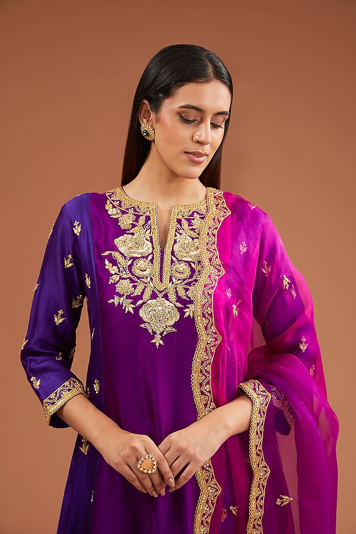Purple Spun Silk Mukaish Work Kurta Set by SURBHI SHAH at Pernia's Pop Up Shop