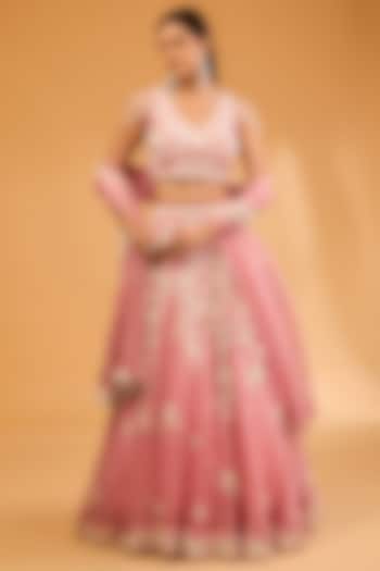 Pink Organza Pearl Work Handcrafted Bridal Lehenga Set by SURBHI SHAH at Pernia's Pop Up Shop
