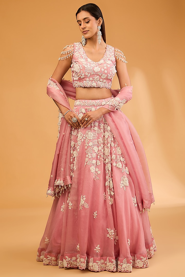 Pink Organza Pearl Work Handcrafted Bridal Lehenga Set by SURBHI SHAH at Pernia's Pop Up Shop