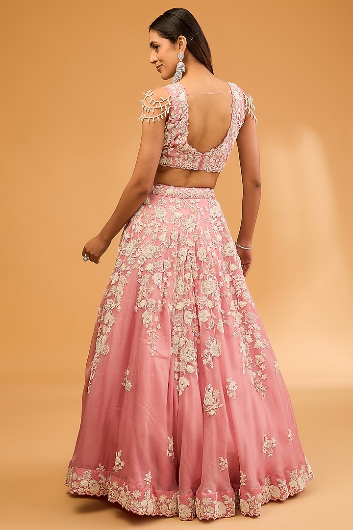 Pink Organza Pearl Work Handcrafted Bridal Lehenga Set by SURBHI SHAH at Pernia's Pop Up Shop