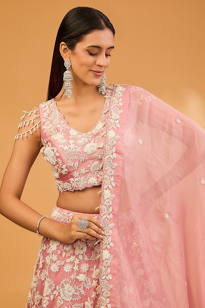 Pink Organza Pearl Work Handcrafted Bridal Lehenga Set by SURBHI SHAH at Pernia's Pop Up Shop