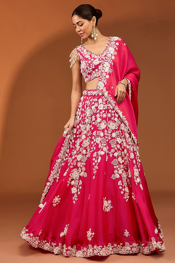 Red Organza Pearl Work Bridal Lehenga Set by SURBHI SHAH at Pernia's Pop Up Shop