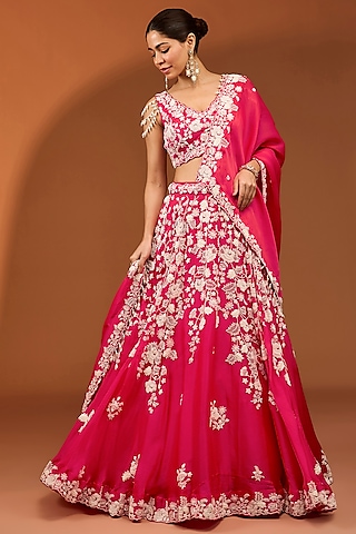 Red Organza Pearl Work Lehenga Set by SURBHI SHAH