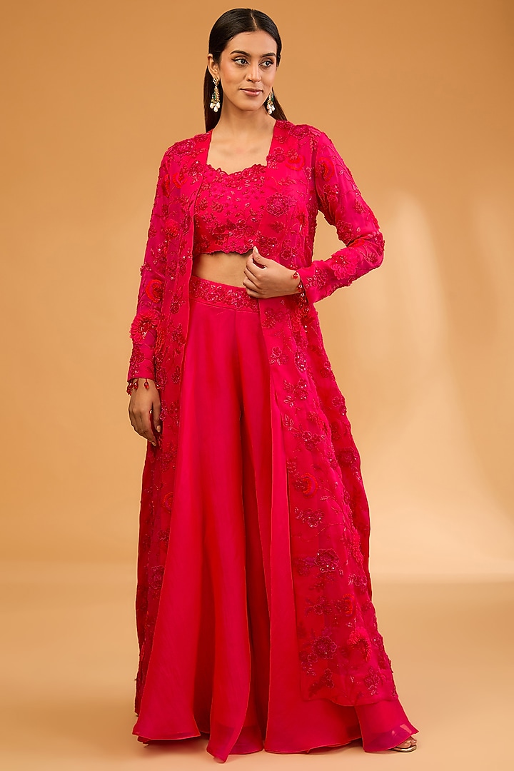 Red Satin Organza 3D Floral & Cutdana Work Jacket Set by SURBHI SHAH at Pernia's Pop Up Shop