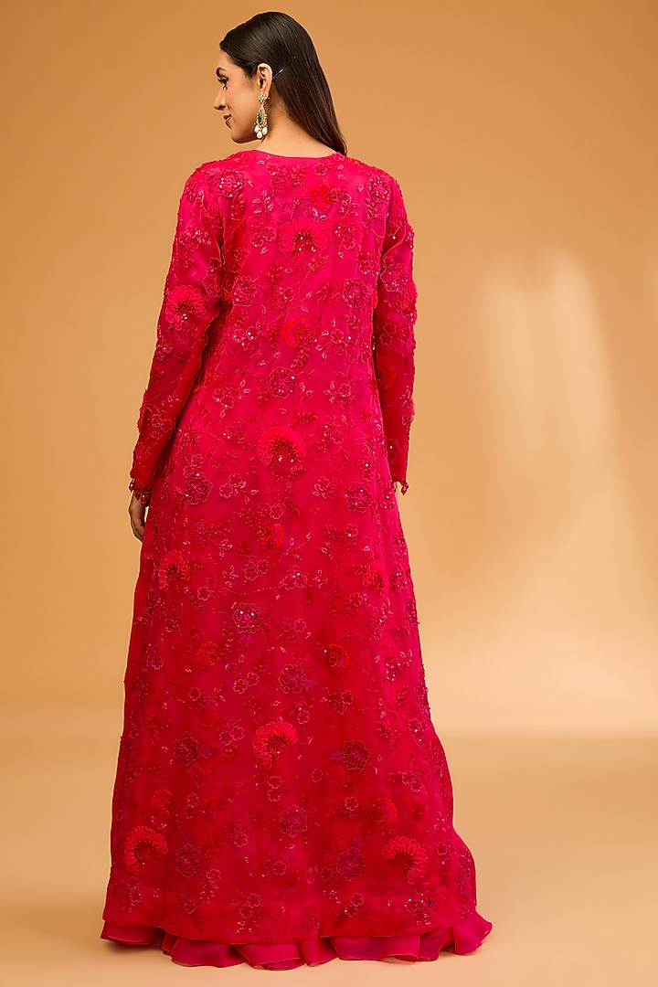 Red Satin Organza 3D Floral & Cutdana Work Jacket Set by SURBHI SHAH at Pernia's Pop Up Shop