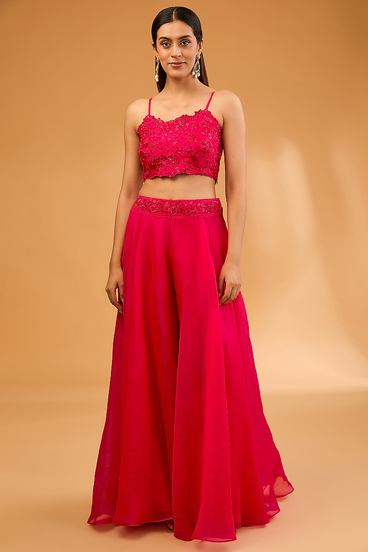 Red Satin Organza 3D Floral & Cutdana Work Jacket Set by SURBHI SHAH at Pernia's Pop Up Shop