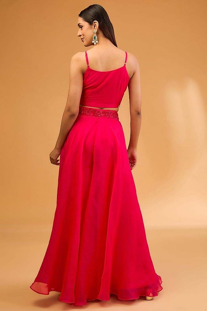 Red Satin Organza 3D Floral & Cutdana Work Jacket Set by SURBHI SHAH at Pernia's Pop Up Shop