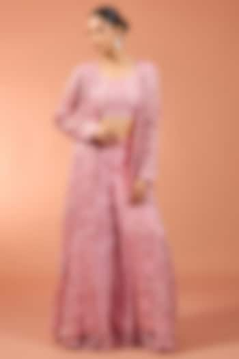 Pink Satin Organza 3D Floral Long Jacket Set by SURBHI SHAH at Pernia's Pop Up Shop