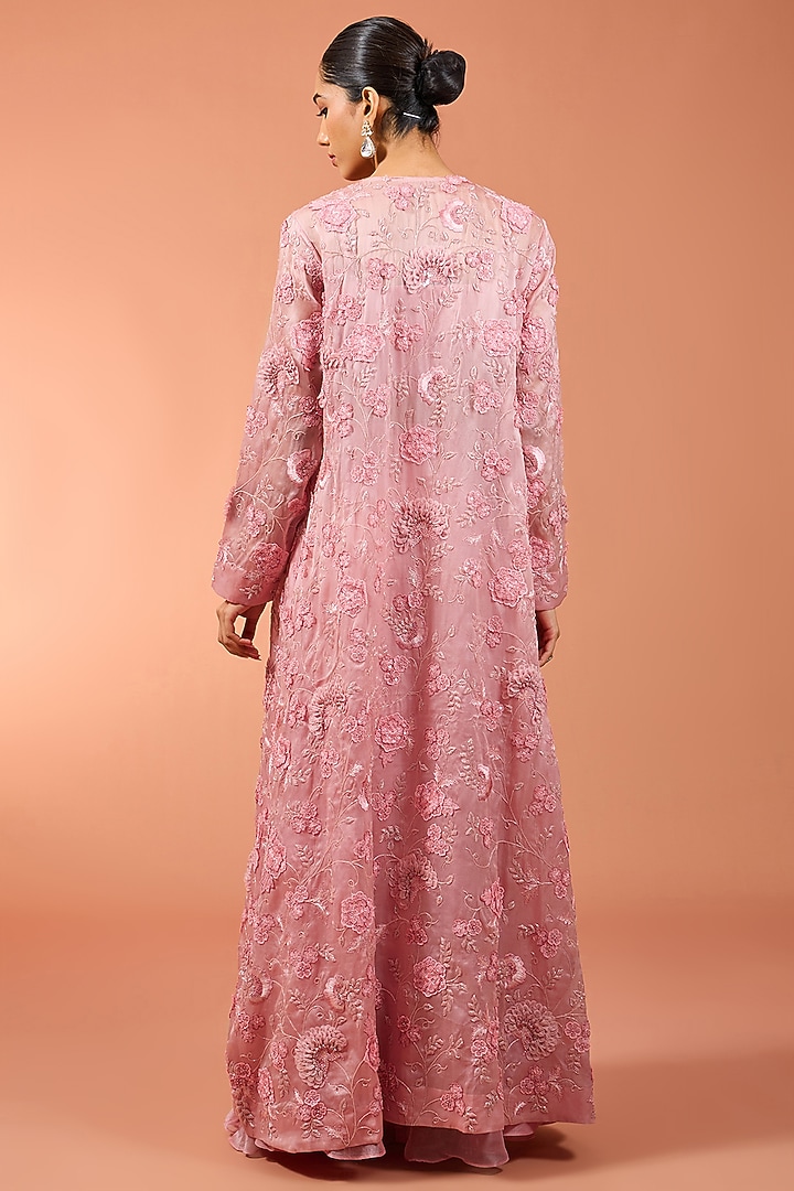 Pink Satin Organza 3D Floral Long Jacket Set by SURBHI SHAH at Pernia's Pop Up Shop