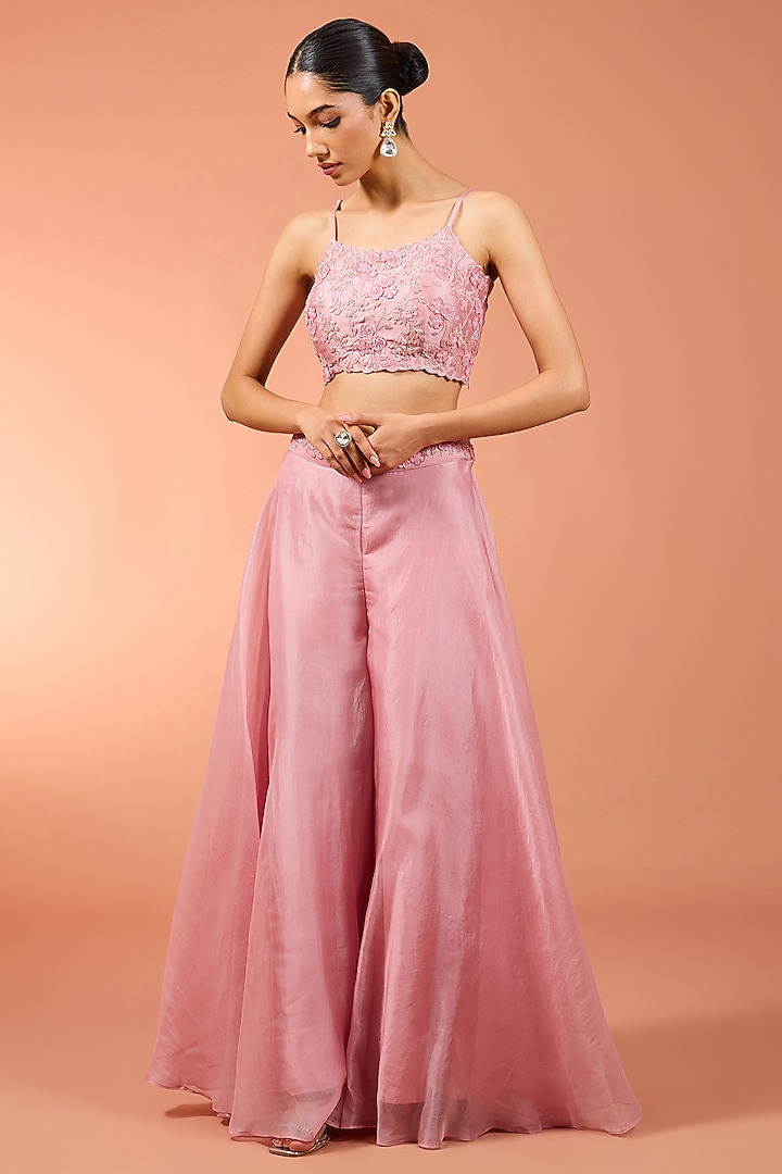 Pink Satin Organza 3D Floral Long Jacket Set by SURBHI SHAH at Pernia's Pop Up Shop